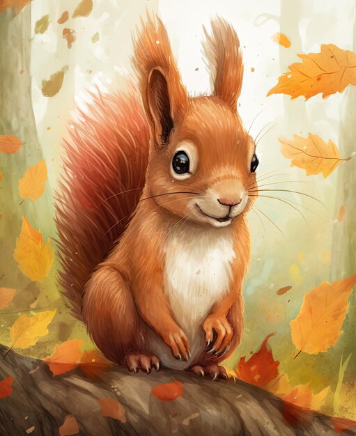 Caricature of a squirrel in the autumn forest Selective soft focus