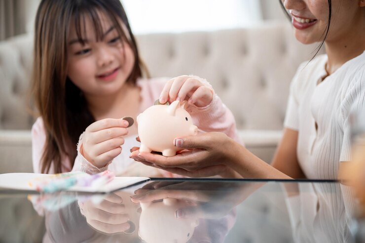 Photo 一位關心亞洲人的媽媽教她的小女兒儲蓄錢,將硬幣放入小豬<unk>裡