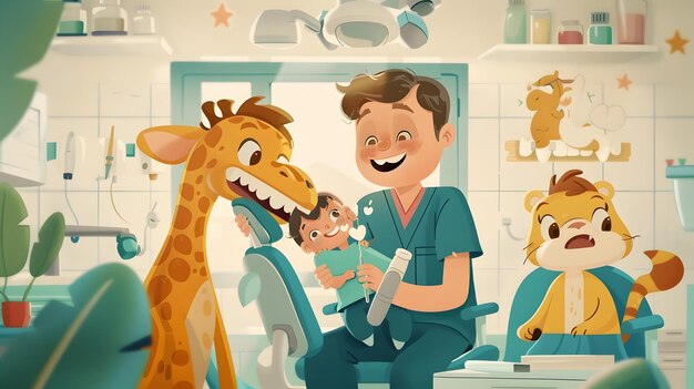 Caring Dental Professional Gently Examining Child39s Teeth with Cartoon Animal Assistants