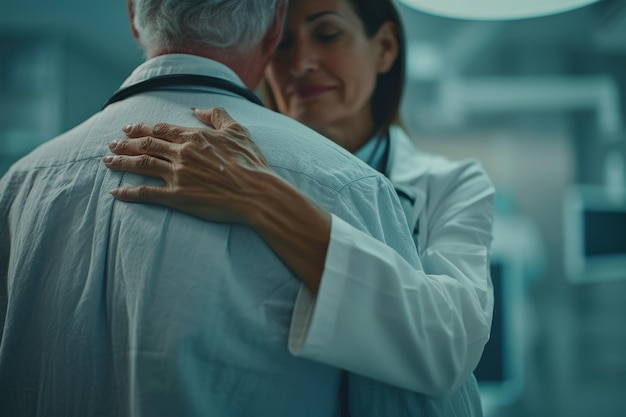 Foto il medico premuroso tocca la spalla del paziente maturo esprimendo empatia e sostegno e un giovane terapeuta conforta un uomo anziano in una riunione sull'assistenza medica e l'aiuto