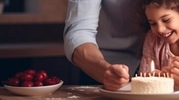 caring father and mother playfully teaching little children to cooking pastry standing at table in