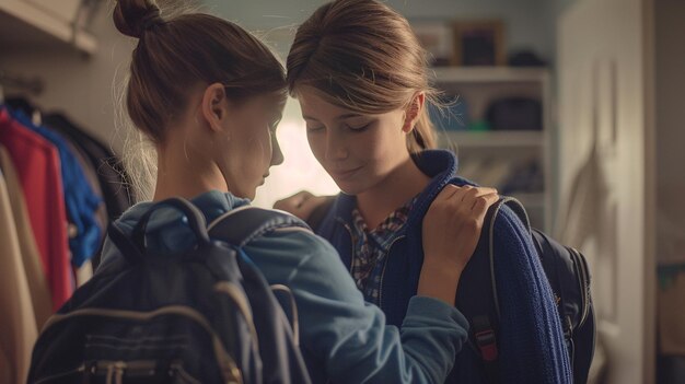 Caring happy young mother helping teen son schoolboy getting dressed ready for school at home