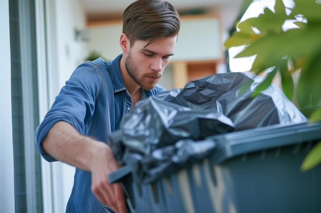 Caring man removing garbage bag from home trash can for proper waste disposal