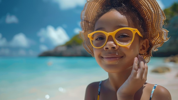 Caring Mother Applying Sunscreen on Daughters Face at Tropical Beach