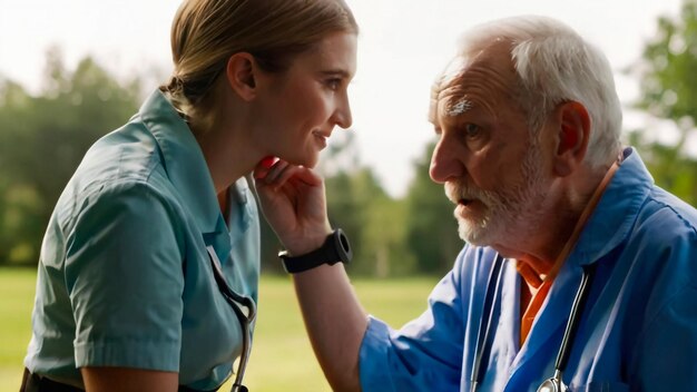 Photo caring nurse helping senior man sitting on bench in gaden asian woman caucasian man happy smile