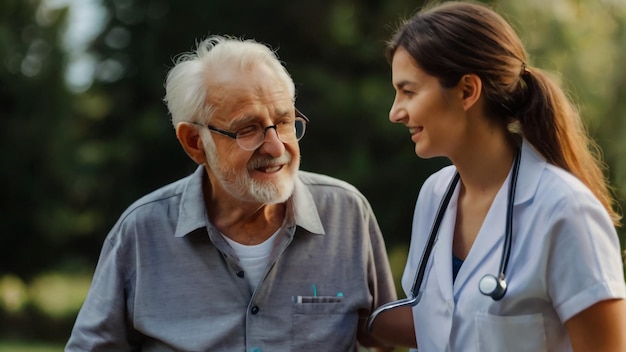 Caring nurse helping senior man sitting on bench in gaden Asian woman caucasian man Happy smile