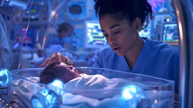 Photo caring nurse tends to newborn in neonatal intensive care unit dedication and medical care captured healthcare professionals in action ai