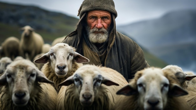 Фото Заботливый пастух с стадом