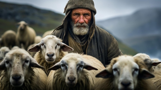 Photo caring shepherd with a flock