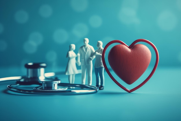 Photo caring ties stethoscope uniting hearts with person and family in blue