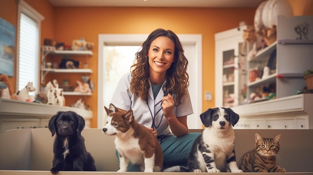 Foto prendersi cura del veterinario in una confortevole clinica per animali domestici