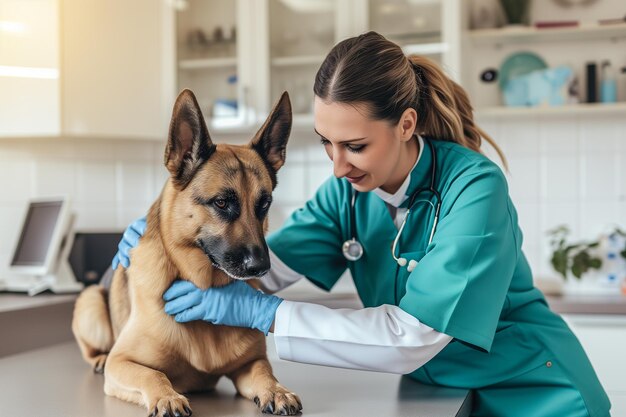 caring woman veterinarian examines a dog at an appointment