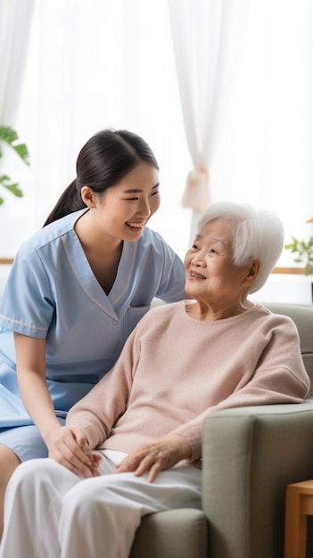 Photo caring young woman nurse help old granny during homecare medical visit female caretaker doctor talk