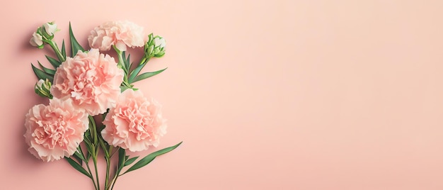 Carnation bouquet on pastel pink background with copy space 3D illustration concept for Mother's Day holiday greetings card Wide angle format banner