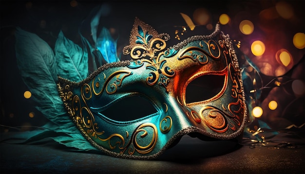 Carnaval feest. Venetiaans masker op donkere bokehachtergrond. Festival decoratie.