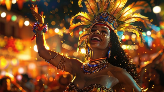 Фото Карнавал в бразилии веселая женщина танцует на бразильской вечеринке в костюме
