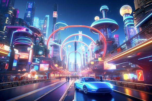 Carnaval in een futuristische stad met vliegende auto's en...