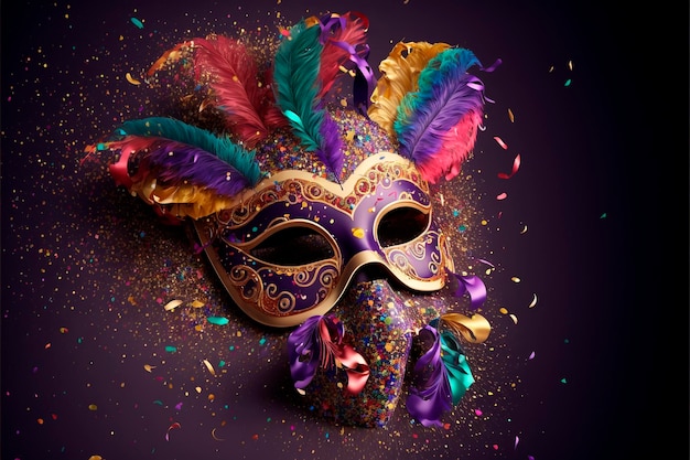 Carnaval masker, achtergrond, confetti, streamers en glitter