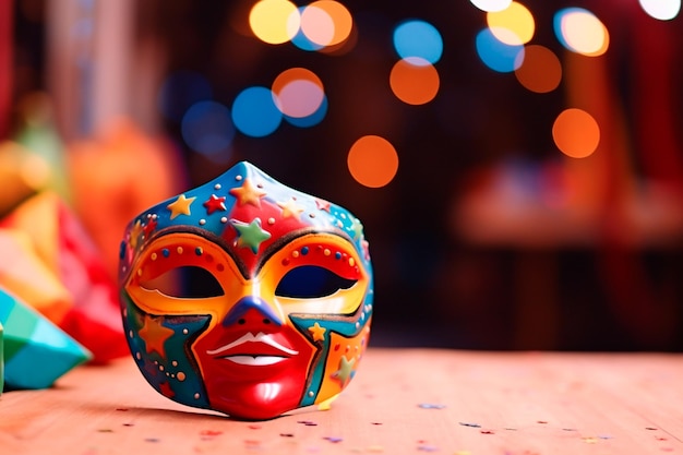 Carnaval-masker in close-up een explosie van kleuren ter voorbereiding op het feest
