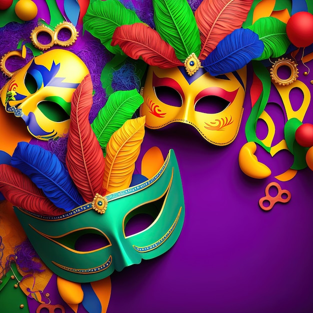 Carnaval maskers op een paarse achtergrond Veelkleurige illustratie van Mardi Gras 3D illustratie Generatieve AI