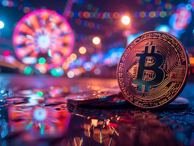 Foto carnaval met bitcoin spellen bitcoin ferris wheel kleur splas foto van trending poster achtergrond