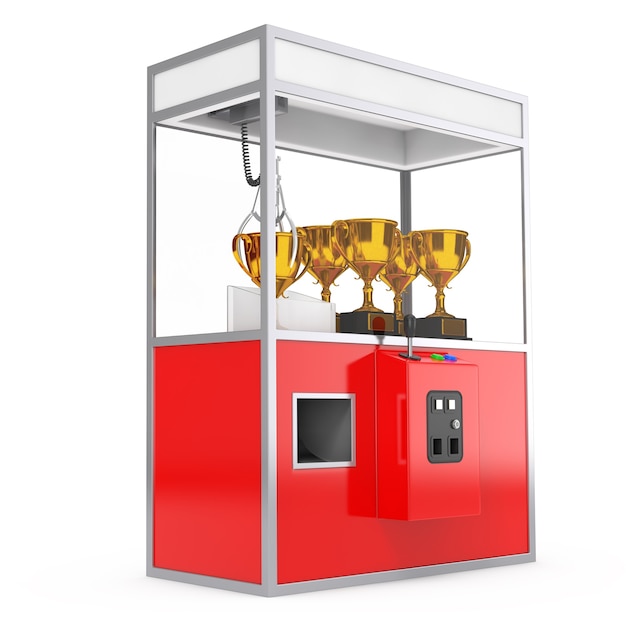 Carnaval Red Toy Claw Crane Arcade Machine met gouden trofee op een witte achtergrond. 3D-rendering