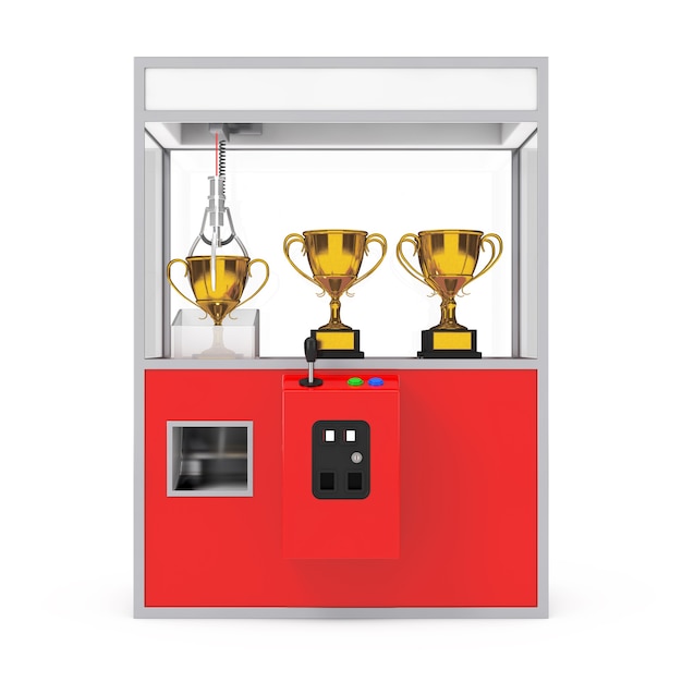 Carnaval Red Toy Claw Crane Arcade Machine met gouden trofee op een witte achtergrond. 3D-rendering