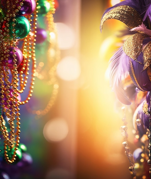 Carnavalmasker kleurrijke Mardi Gras kralen en bokeh lichten feestelijke achtergrond AI Gegenereerde inhoud