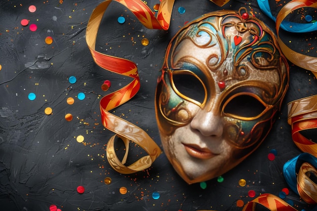 Carnavalmasker met lint en confetti close-up