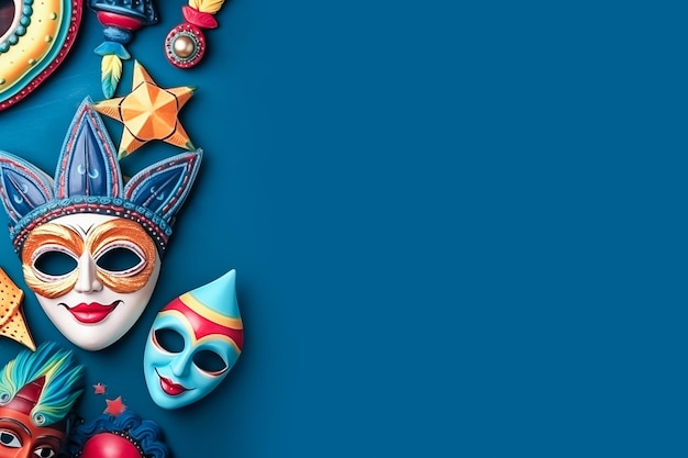 Carnavalmaskers met feestelijke decoraties op blauwe achtergrond