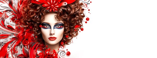 Carnavalsbanner met vrouw met dramatische carnavalsmake-up en rode accessoires