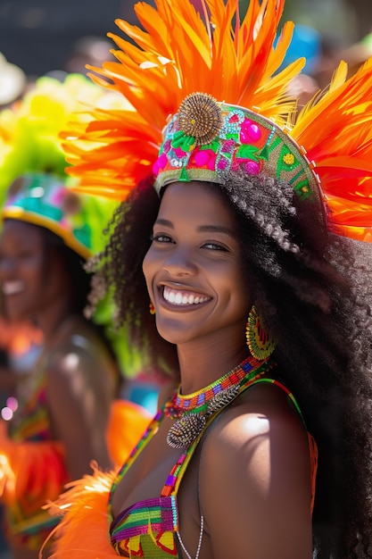 Carnavalsdanser in een veerkopdoek die van de parade geniet