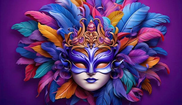 carnavalskostuummasker met kleurrijke veren en kleuren op een paarse achtergrond