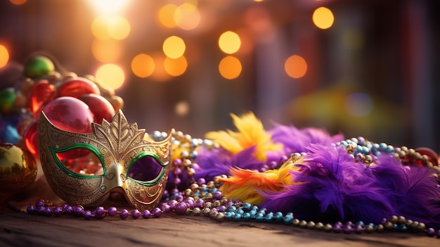 Carnavalsmasker kleurrijke Mardi Gras kralen en bokeh lichten feestelijke achtergrond AI Gegenereerde inhoud