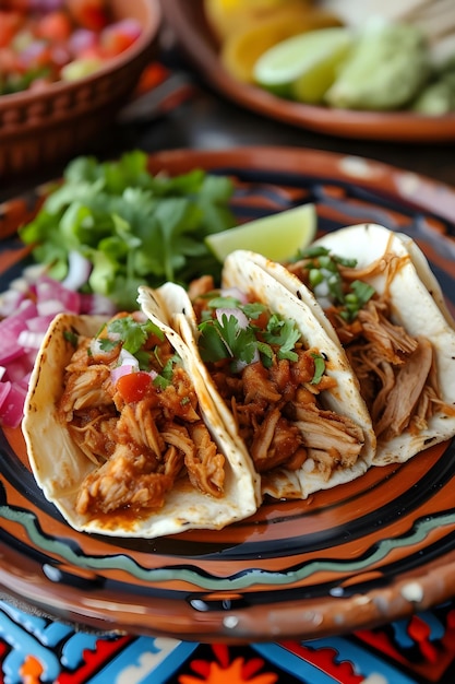 Carnitas Fiesta Tacos on a Traditional Folk Ceramic Dish