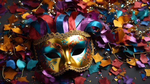 Foto sfondo del carnevale maschera di carnevale e confetti colorati festa in costume