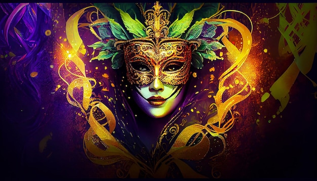 Carnival banner mardi gras woman smiling with venetian mask night lights copy space Generate Ai