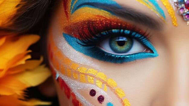 Carnival colourful bright makeup close up of women face masquerade makeup idea generative ai