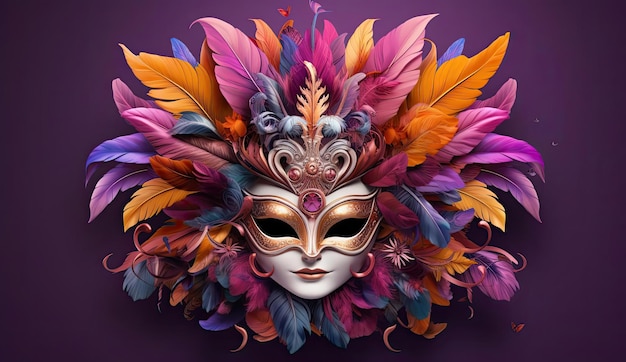 carnival costume mask with colorful feathers and colors on a purple background