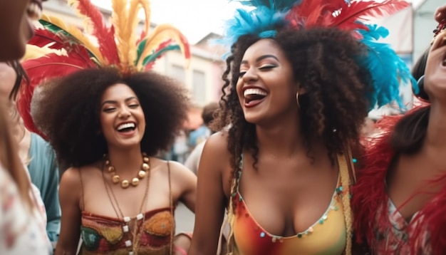 Carnival day in Brazil woman and friends dancing at street Generative ai