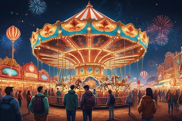 Photo carnival lights carousel and vibrant attractions