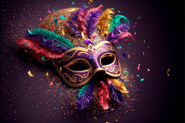 Carnival mask, background, confetti, streamers and glitter
