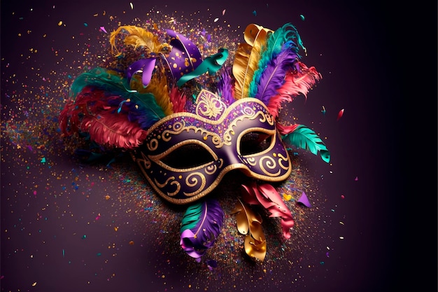 Carnival mask, background, confetti, streamers and glitter