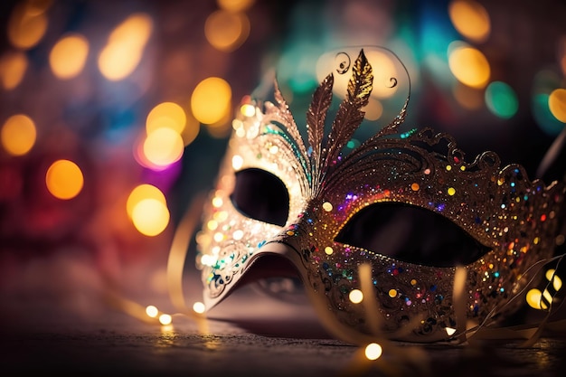 Carnival mask on colorful blur party background Ai Masquerade bokeh background