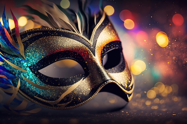 Carnival mask on colorful blur party background Ai Masquerade bokeh background