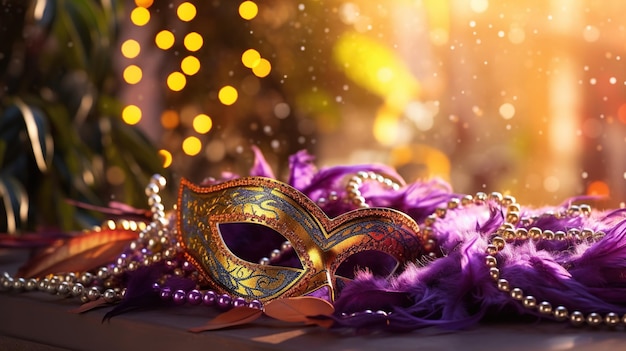 Carnival mask colorful Mardi Gras beads and bokeh lights festive background AI Generated content