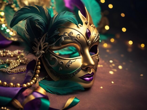 Photo carnival mask confetti mardi gras background best quality hyper realistic wallpaper image template