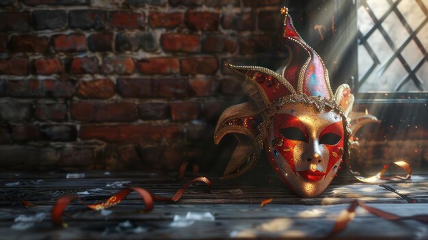 A carnival mask lies on a old wooden table against the background of a brick wall Banner