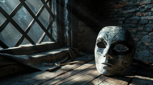 A carnival mask lies on a old wooden table against the background of a brick wall Banner