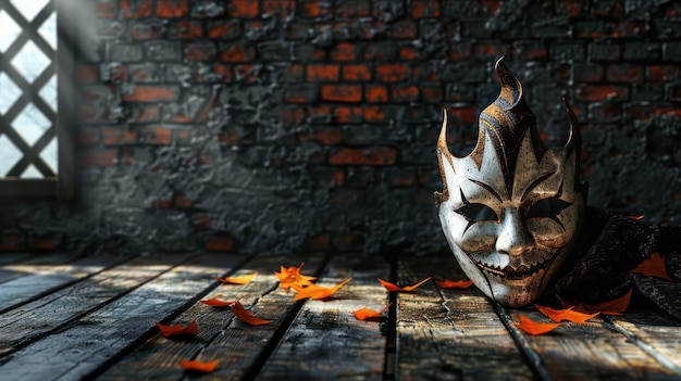 Карнавальная маска лежит на старом деревянном столе на фоне кирпичной стены.